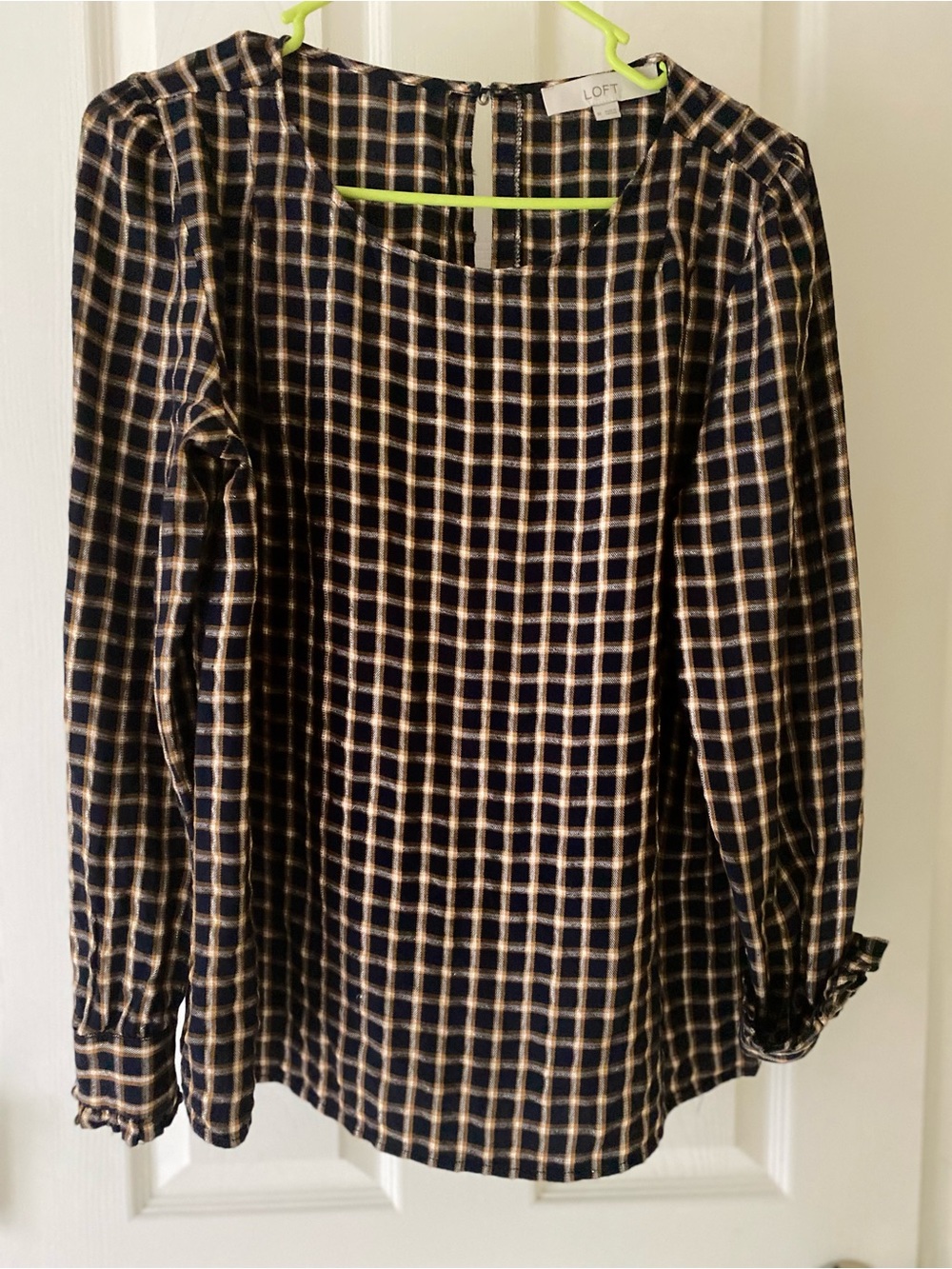 LOFT Black and Gold Checked Long-Sleeve Blouse